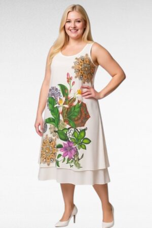 Valkoinen hihaton  mekko lilijan kuviolla "Italy Moda"(KL.691)
