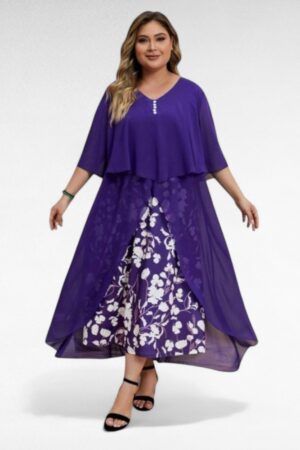 KL.660-Ylellinen  violetti hyvin laskeutuva maksimekko valkoisilla kukilla "Sabrina"
