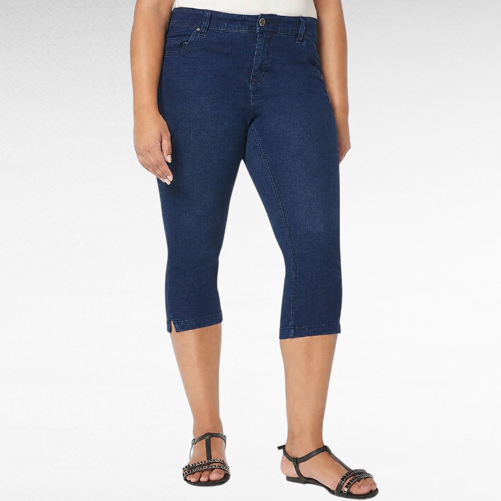 Tummasiniset pluskoko stretch capri-farkut "Fäded Glory"(PY.060)