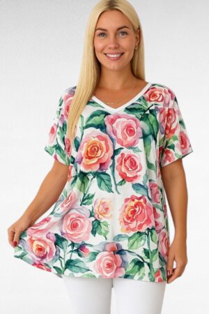 TU.652-Valkoinen ruusukuvioinen tunika "Esmira Fashion"