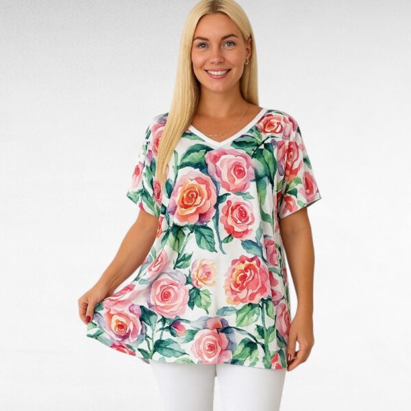 TU.652-Valkoinen ruusukuvioinen tunika "Esmira Fashion"