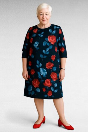 KL.692- Tummasininen mekko ruusukuviolla "Tiiu"