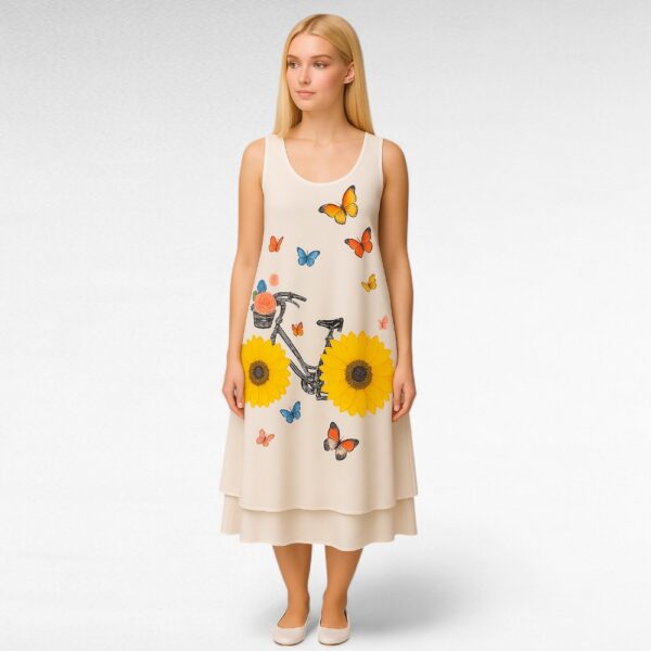 KL.692-Valkoinen mekko pyörä-ja perhoskuviolla "Italy Moda"