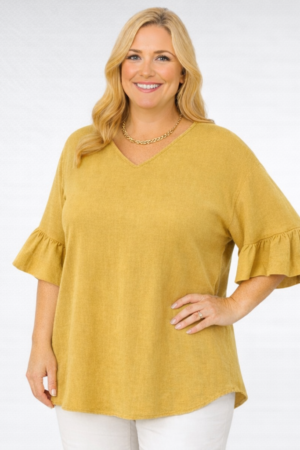 PL.050-Keltainen  viskoosi-pellavasekoitepusero "Ellos"