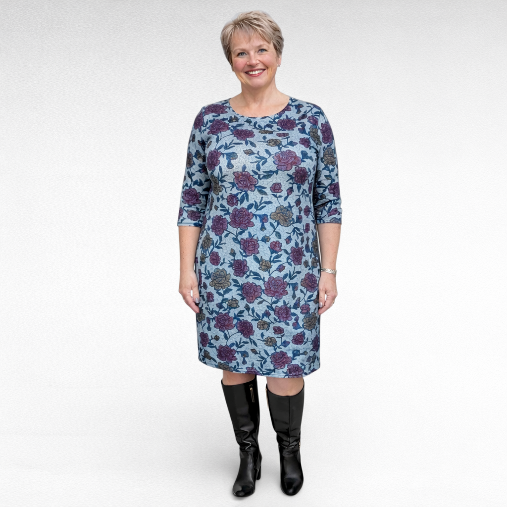 Harmaa mekko ruusukuviolla "Aeliite"(KL.219)