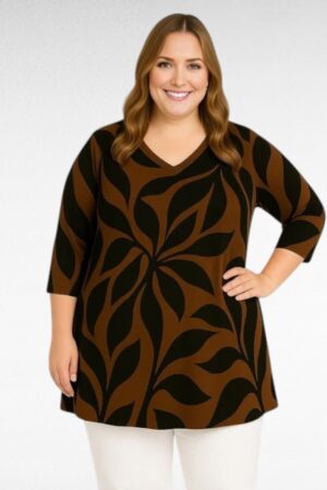TU.634- Ruskea tunika mustalla lehtikuviolla "Betty"