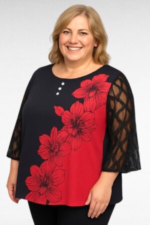TU.505- Musta kukkakuvioinen tunika pitsihihoilla "Sally"