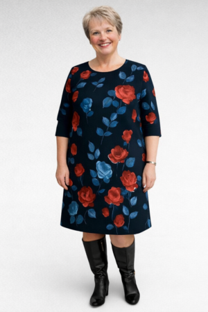 KL.692- Tummasininen mekko ruusukuviolla "Tiiu"