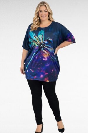 TU.640-Tummasininen  tunika sudenkorento-kuviolla  "Womanary"