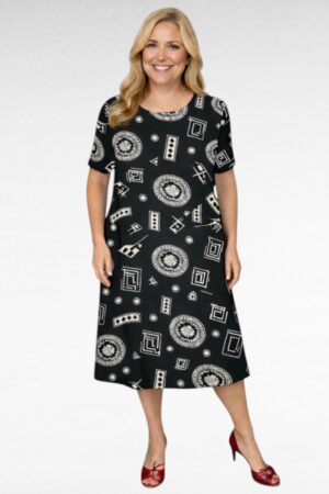 Musta viskoosimekko graafisella kuviolla"Beauty Fashion"( KL.651)