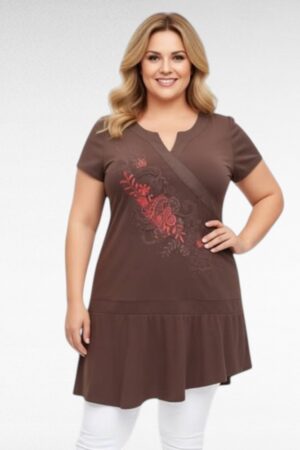 Ruskea  puuvillatunika kukkakirjailulla "Talissime"(TU.058)