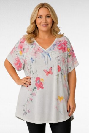 Valkoinen pluskoko tunika perhoskukkakuosilla "Esmira Fashion"(TU.666)