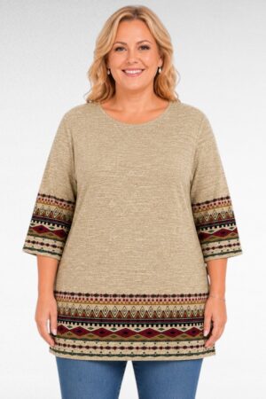 Beige pluskoko painettu etninen tunika(TU.735)