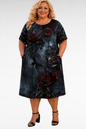 Retrotyylinen pluskoko  tumma mekko ruusu- ja perhoskuviolla "Linnea"(KL.688)